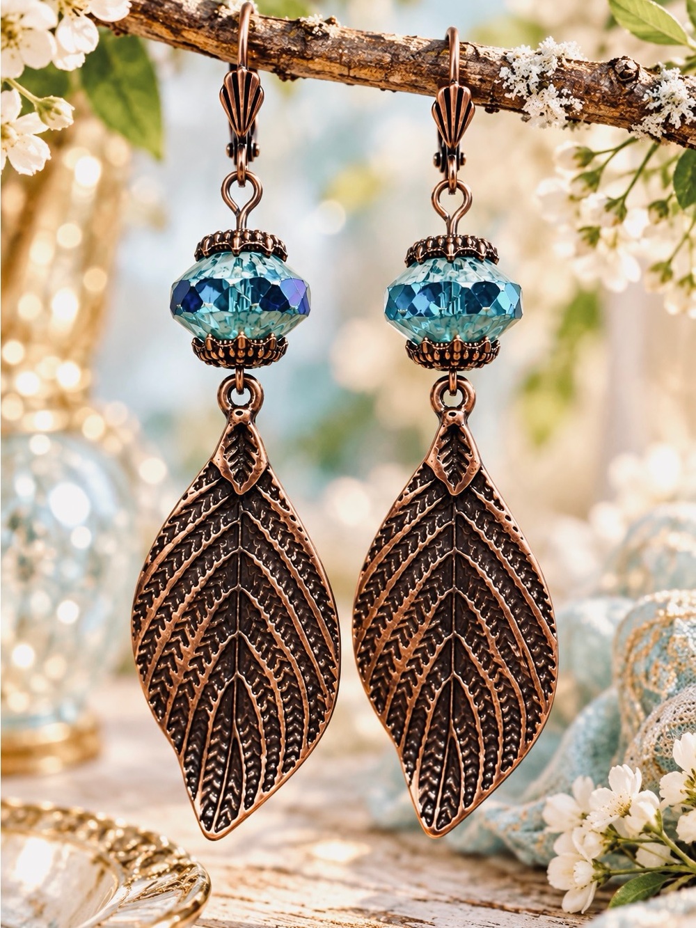 Handmade Antique Copper Leaf Earrings Blue Czech Glass Boho